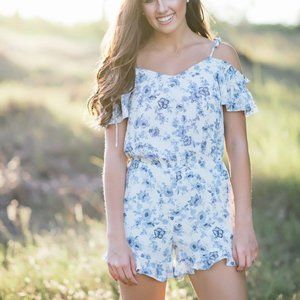 Moon River Blue and White Floral Romper